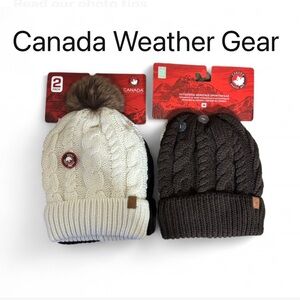 2Pack Thermal Plush Lining Cable Knit Beanie Hat Canada weather Gear-Off white